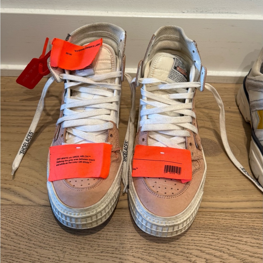 Off-White Pink and Cream High-Tops with Orange Accents